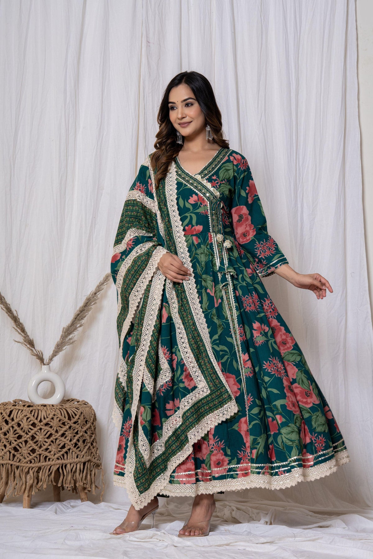 Green floral kurta set with dupatta