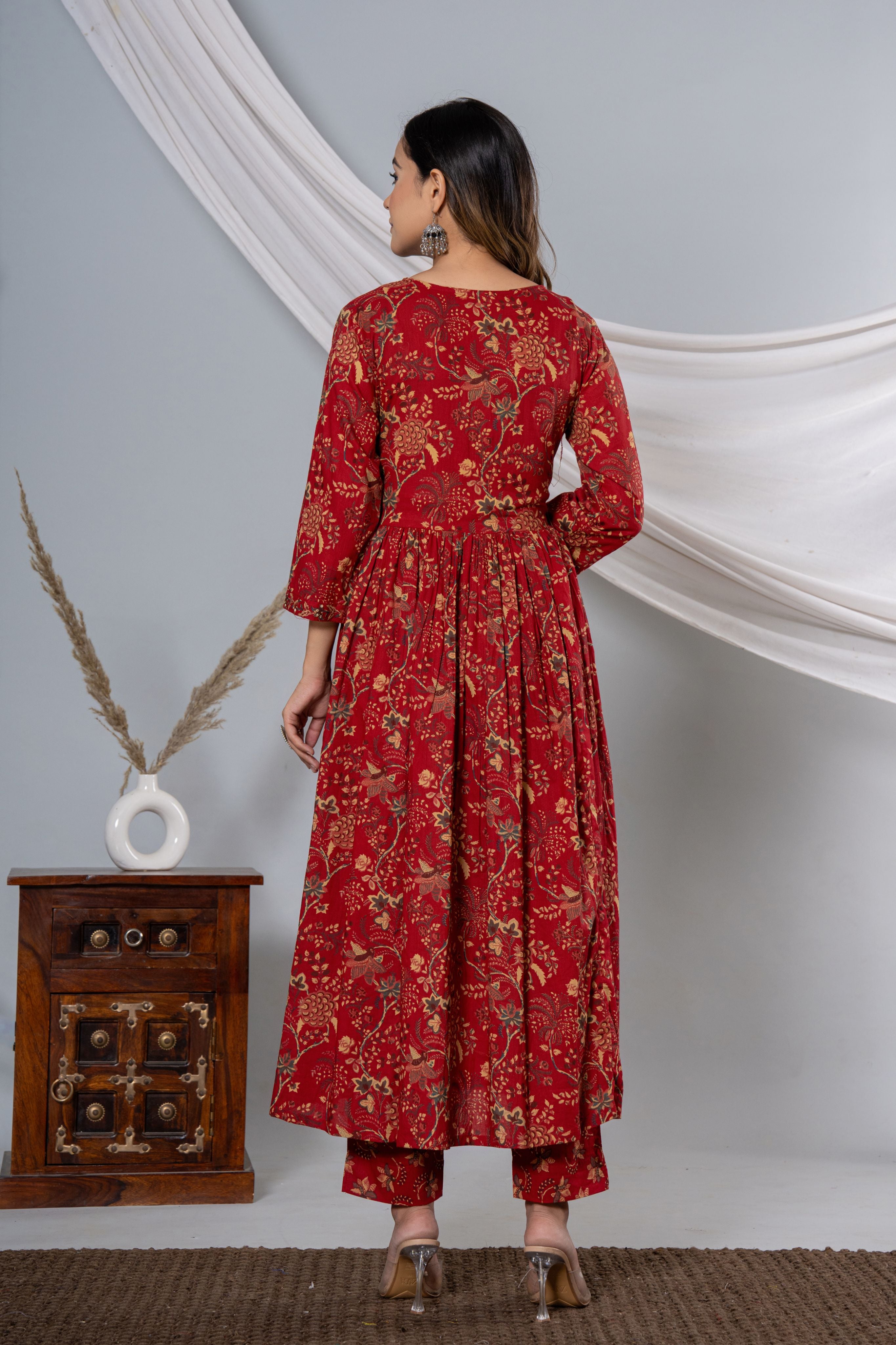 Maroon Floral Print Angrakha Cotton Kurta