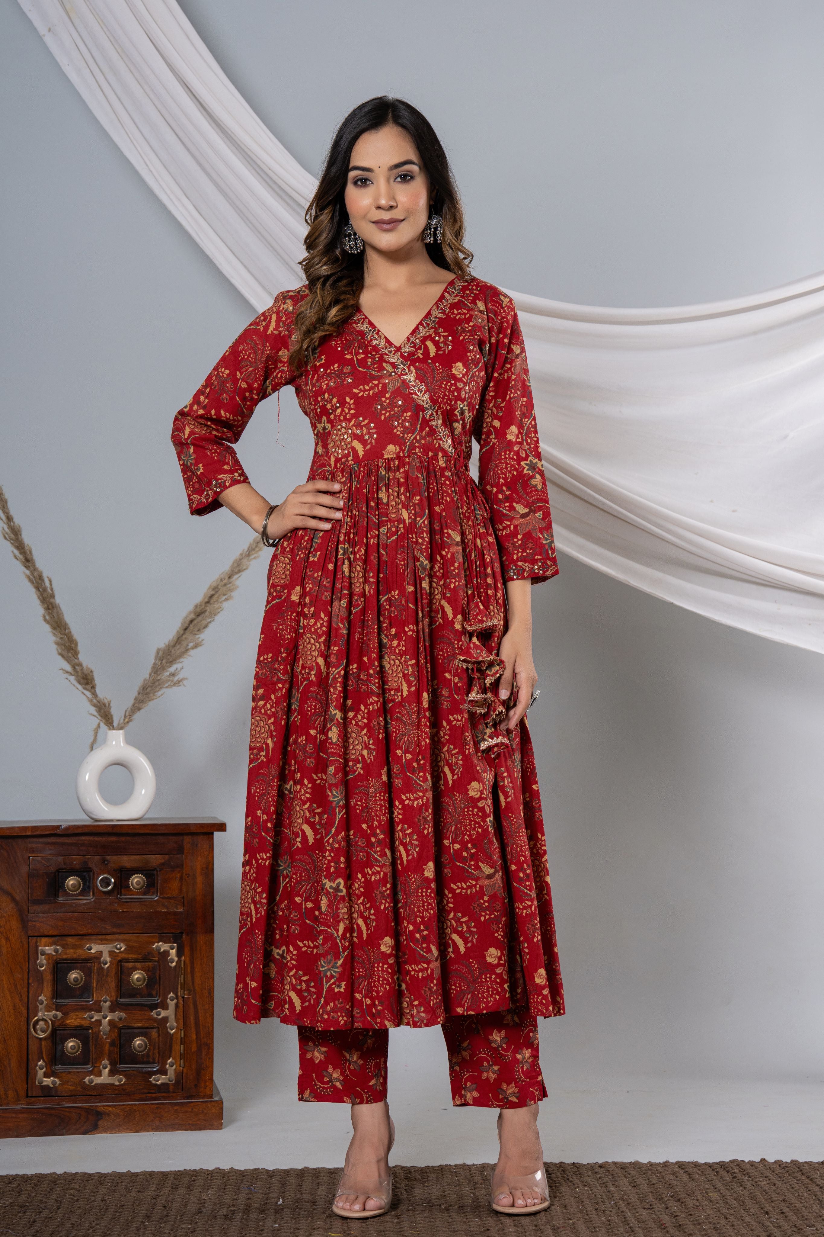 Maroon Floral Print Angrakha Kurta Set