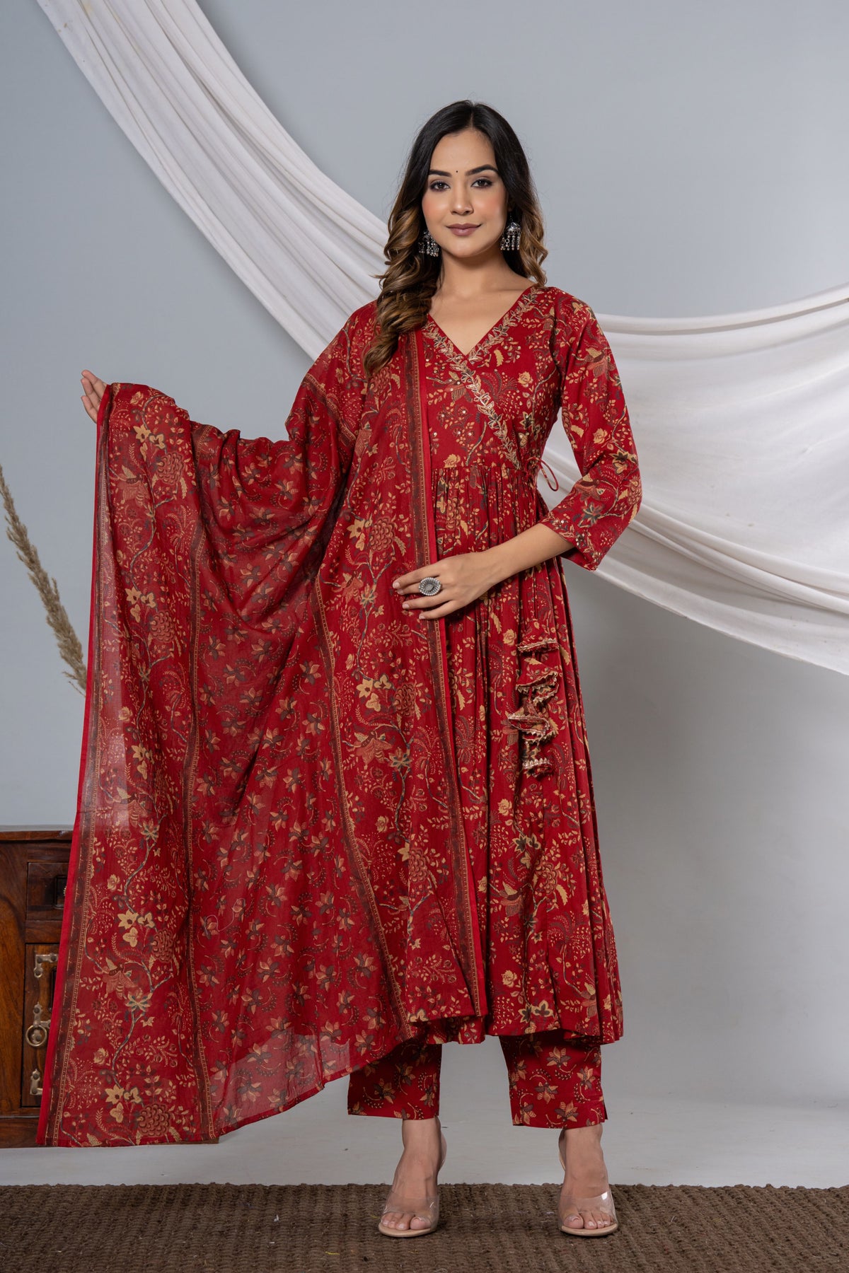 Floral Print Angrakha Cotton Kurta Set for Women