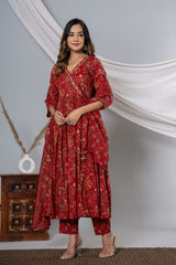 Maroon Floral Print Angrakha Cotton Kurta Set (3 piece suit)