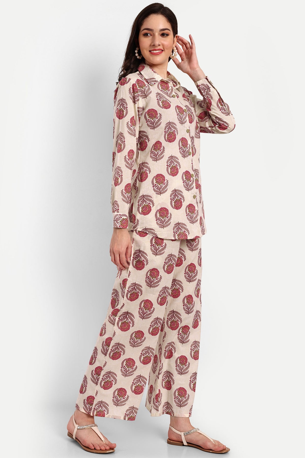 Warm Beige Floral Print Co-ord Set