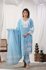 Blue and white suit set with dupatta