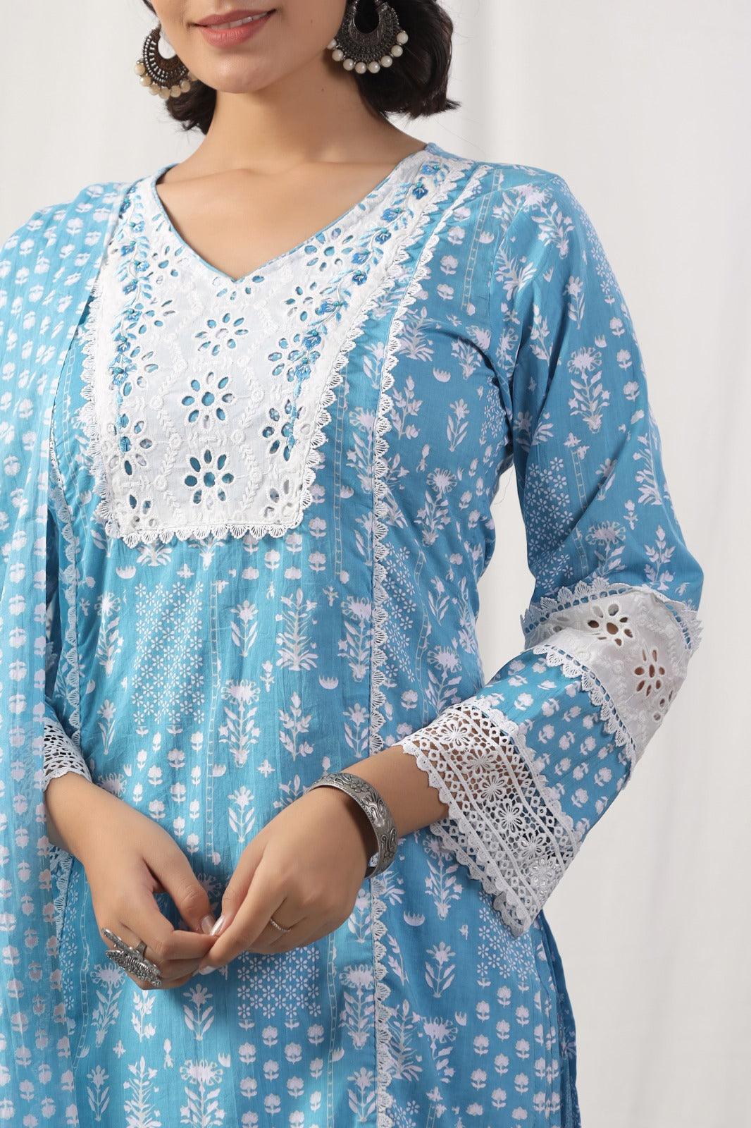 Blue and white suit set with dupatta